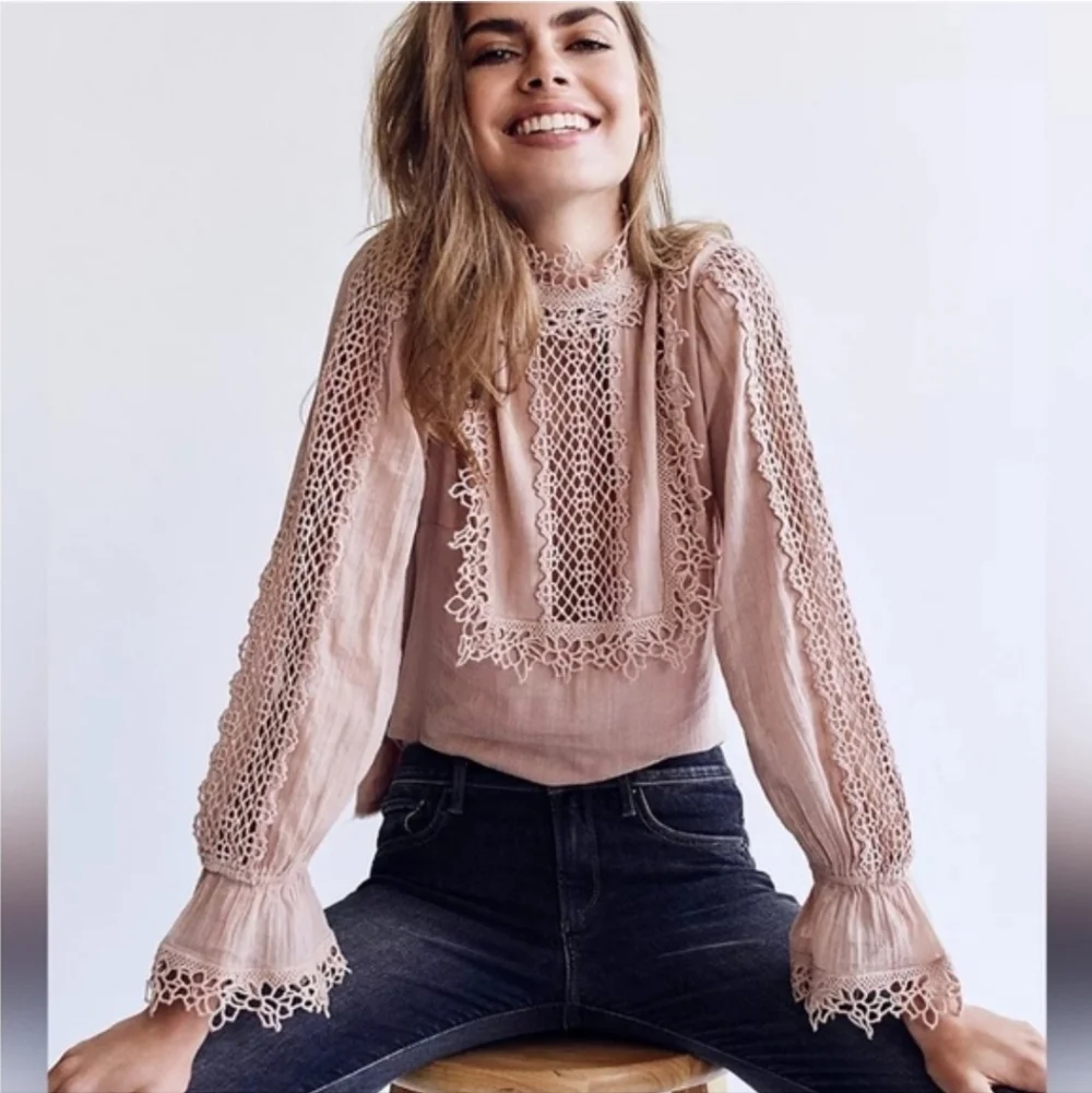 Free People FP One Victoria Top Blush Crochet-Trim Long Sleeve Top